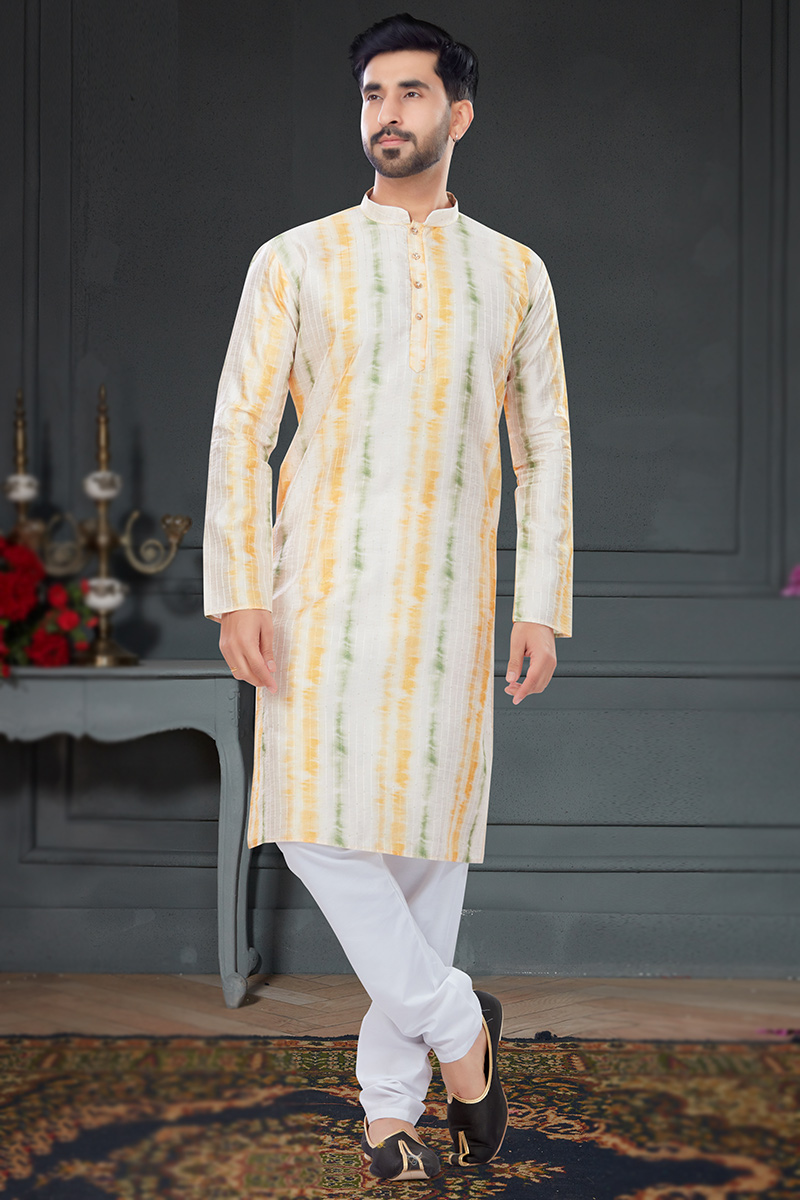 Digital Print Silk Off White Men Kurta Pajama
