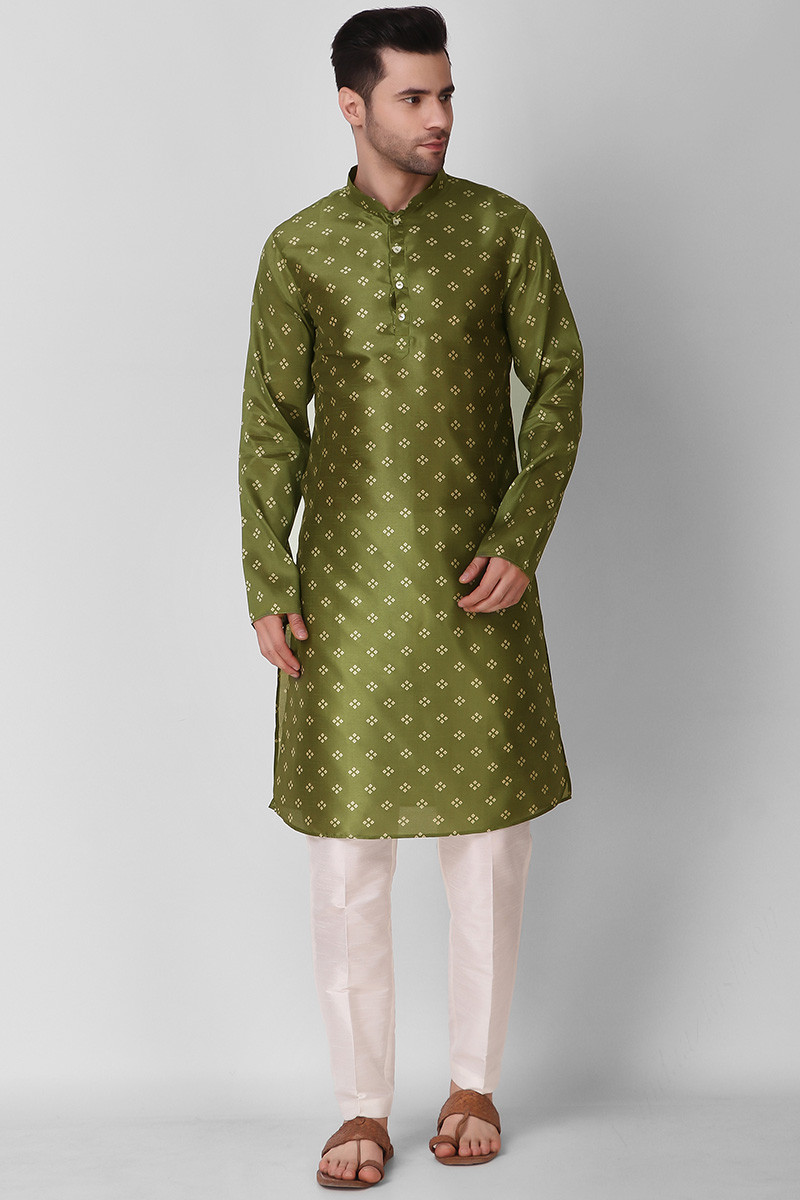 Digital Printed Art Silk Olive Green Men Kurta Pajama