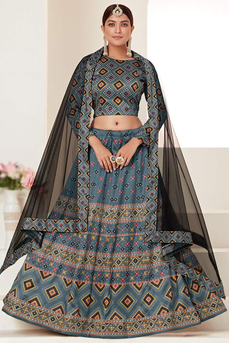 Digital Printed Silk Bluish Grey Lehenga
