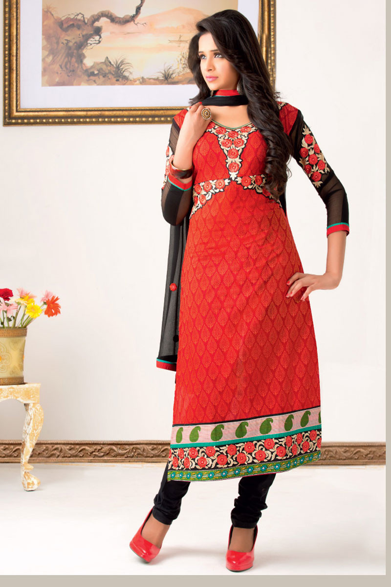 Red Cotton Churidar Suit