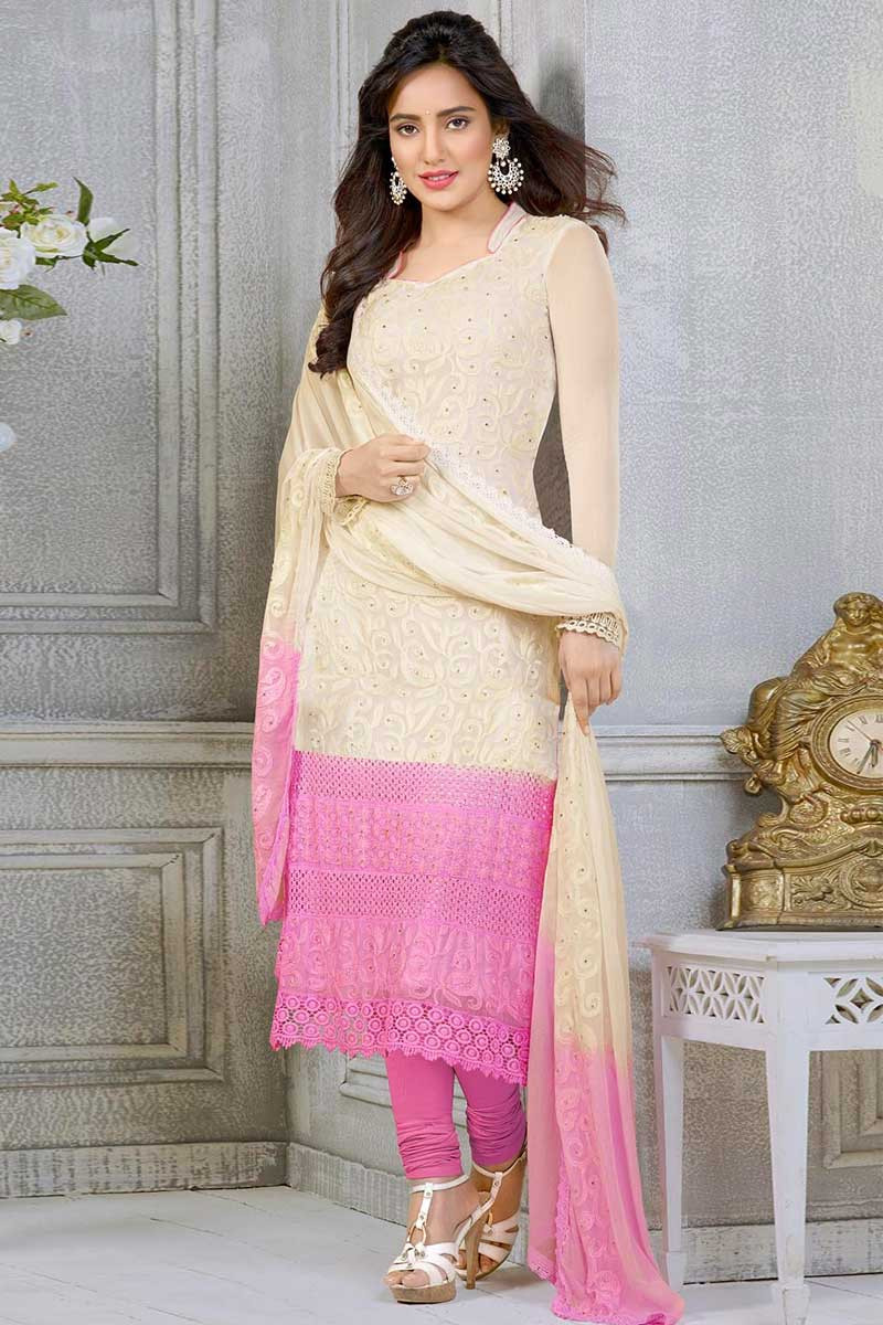 Pink and White Chiffon Churidar Suit, Ankle Length Kameez Online - Andaaz  Fashion