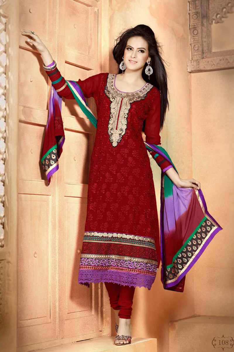 Maroon Georgette Churidar Suit