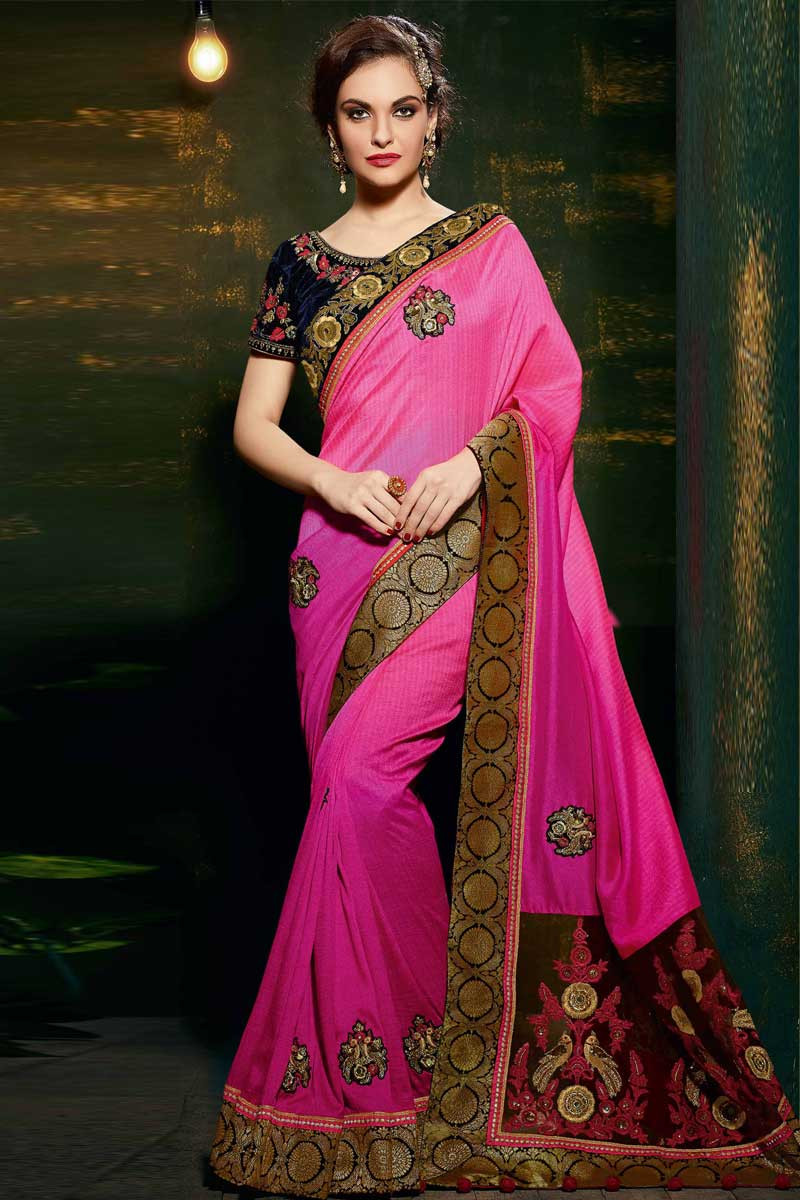 Interesting designed Pink & Black saree | Indian attire, Saree dress,  Indian fashion