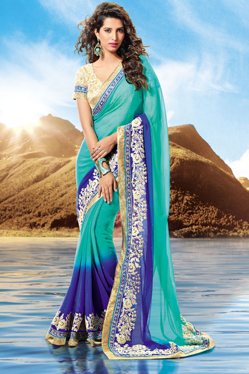 Net Designer Saree In Rama Green Colour