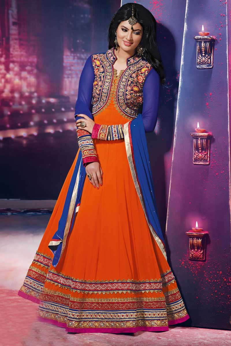 Orange Georgette Churidar Suit Floor Length Kameez Online