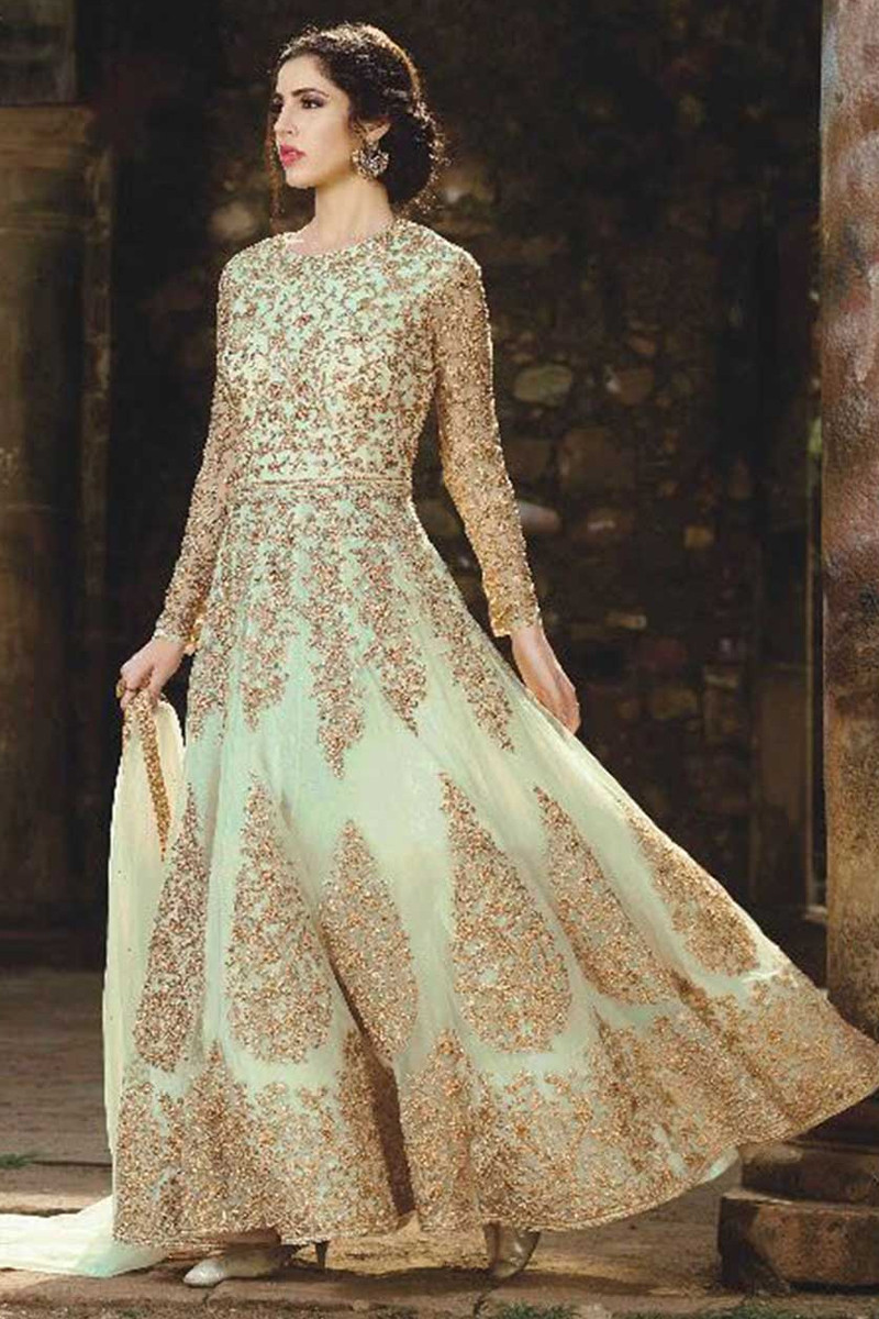 Celadon green Georgette and santoon Embroidered Anarkali gown