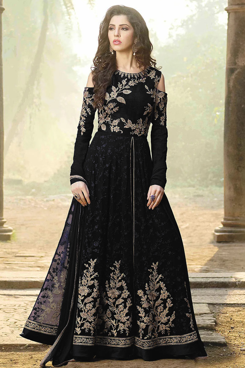 Attractive Black Dupion Silk Anarkalii Suit