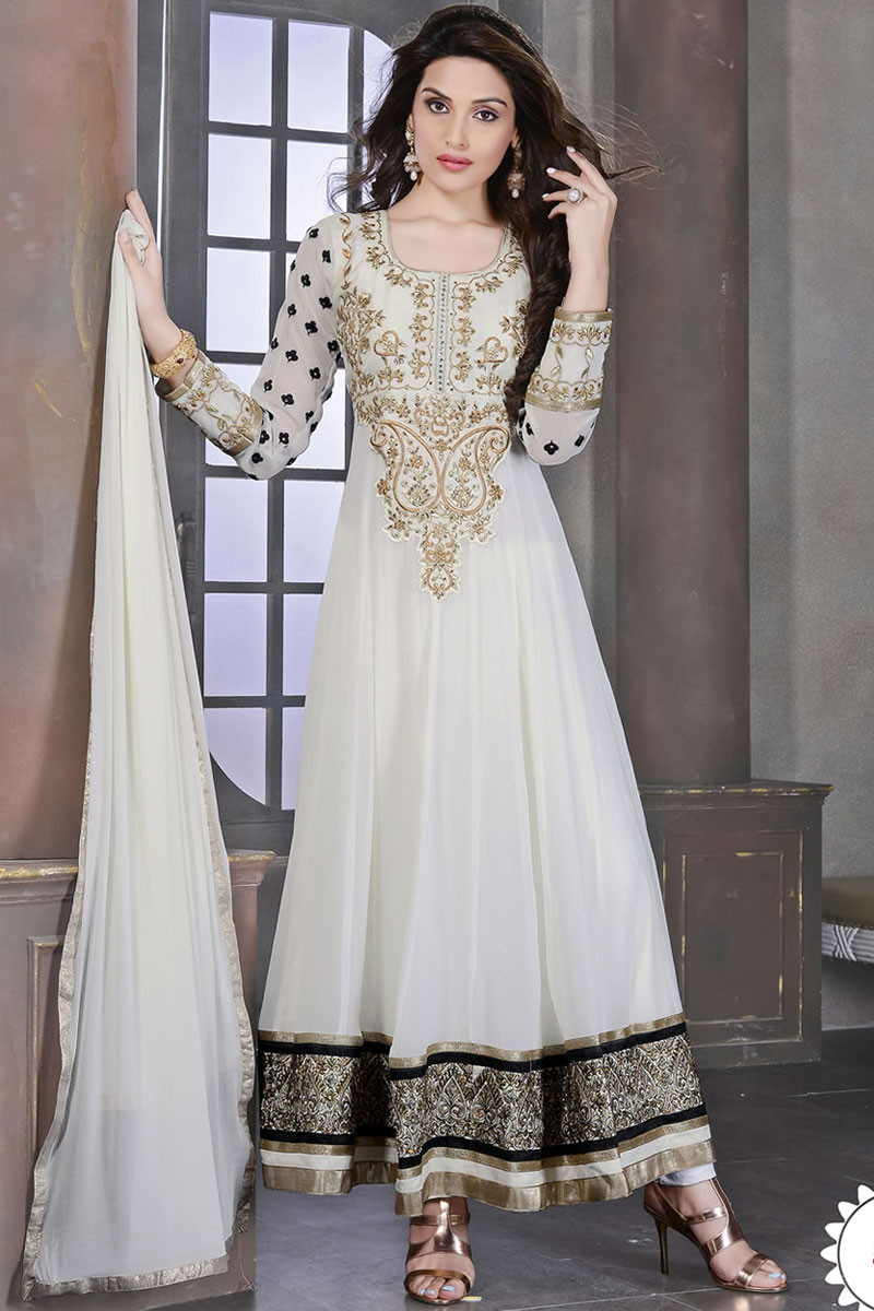 White Color Ready made Anarkali Gown with Dupatta For Festival ...