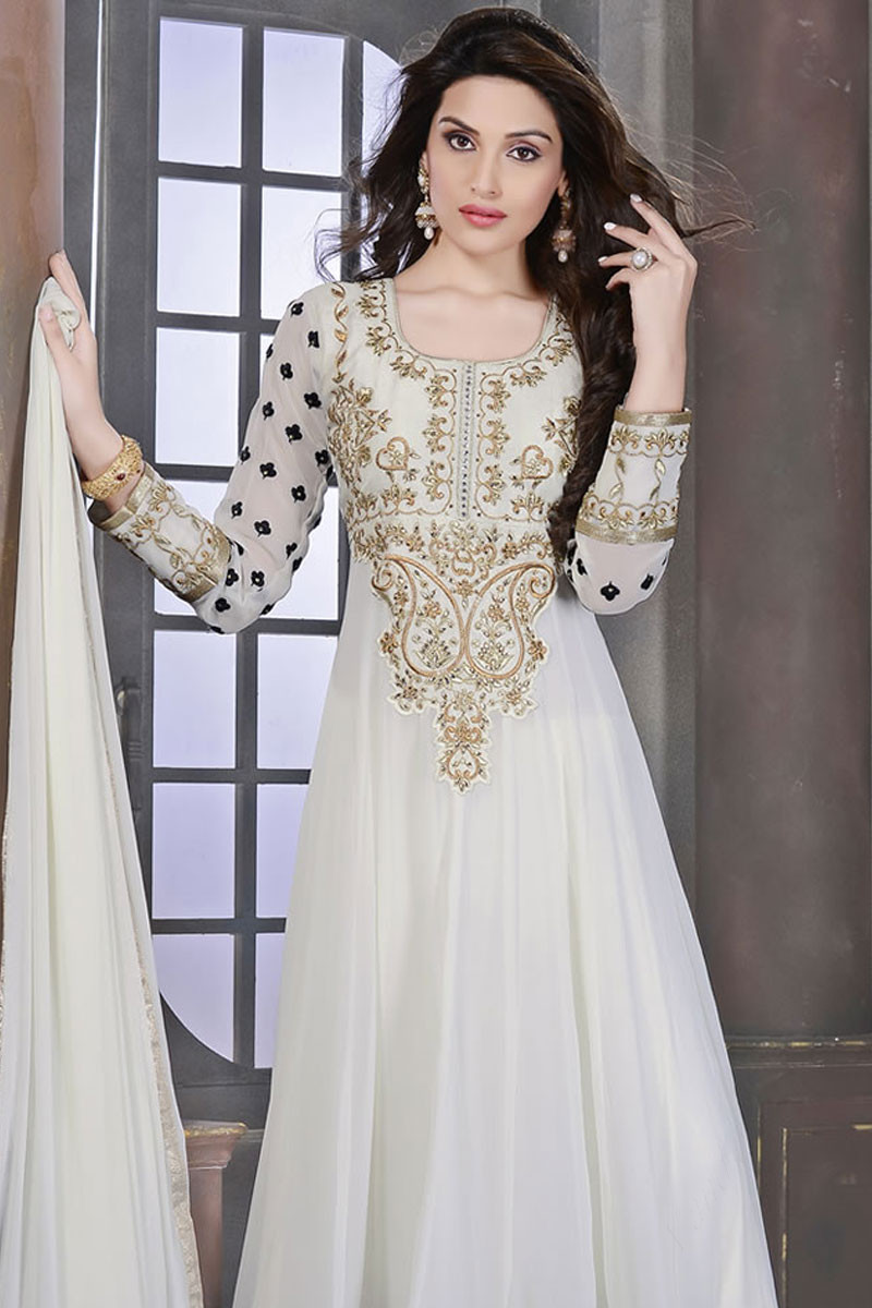 2425 White Anarkali Gown with Colorful Work – Shama's Collection