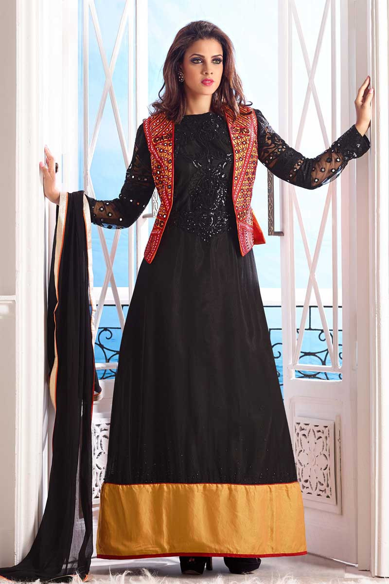Black Net Churidar Suit with Chiffon Dupatta Full Sleeves Suits