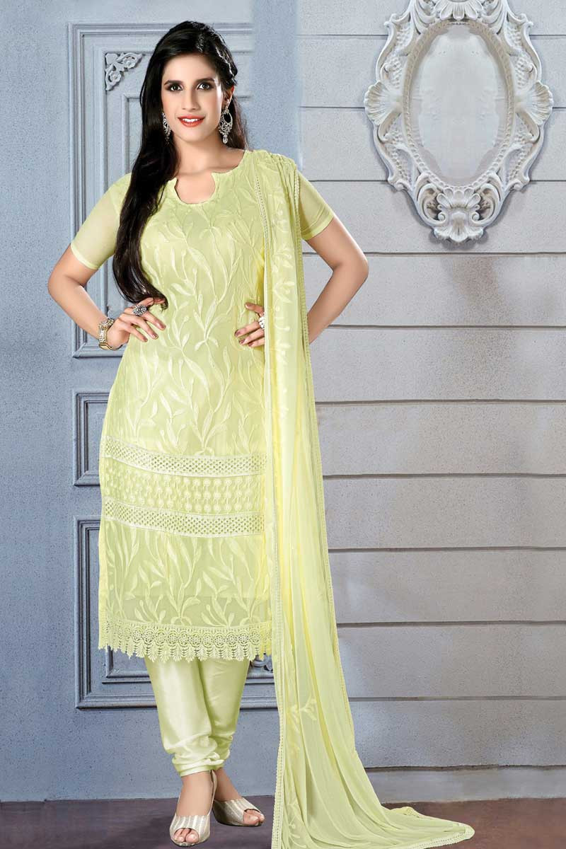 Shop Exclusive Chiffon Churidar, Lemon yellow Ladies Suits Online - Andaaz  Fashion