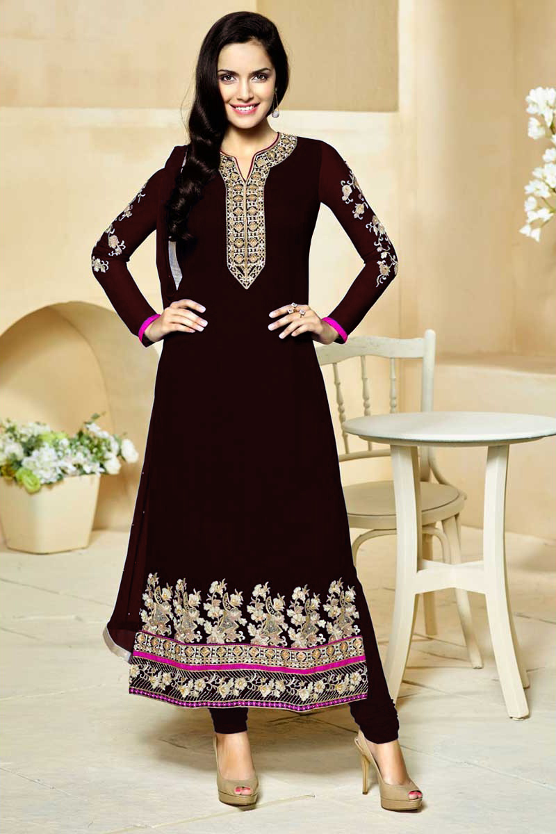 Dark Maroon Georgette Churidar Suit with Chiffon Dupatta