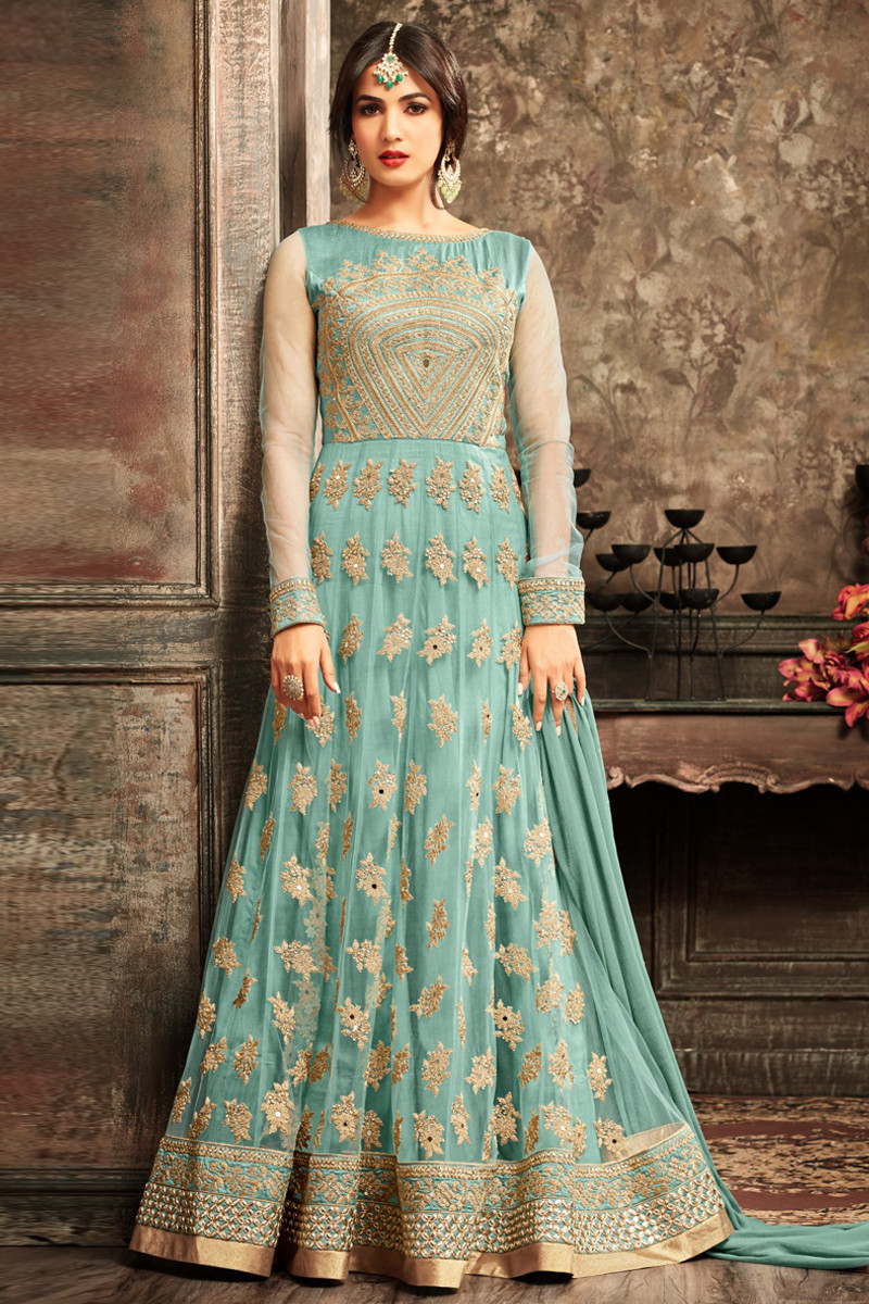 Trendy Net Anarkali Churidar Suit With Dupatta In Sky Blue Color