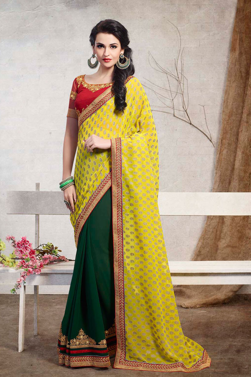 Lime Yellow Saree with Designer Blouse with Price