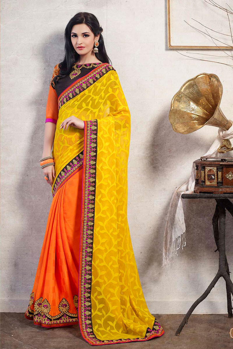 Orange with Light Purple Semi-Soft Silk Saree