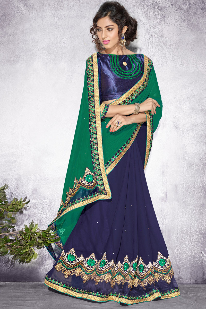 Saree boutique collection, Green with Blue georgette diwali saree, Boat  neck blouse