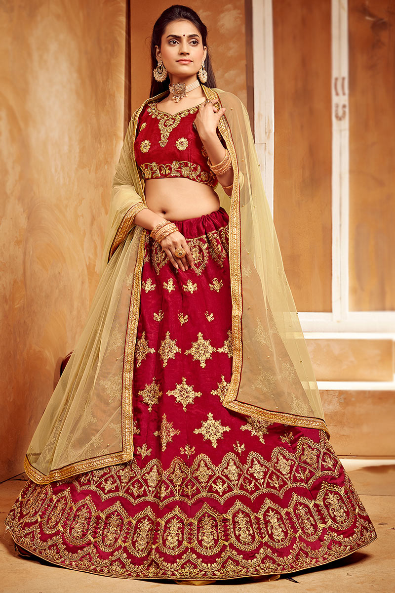 Dori Embroidered Dupion Silk Deep Red Lehenga