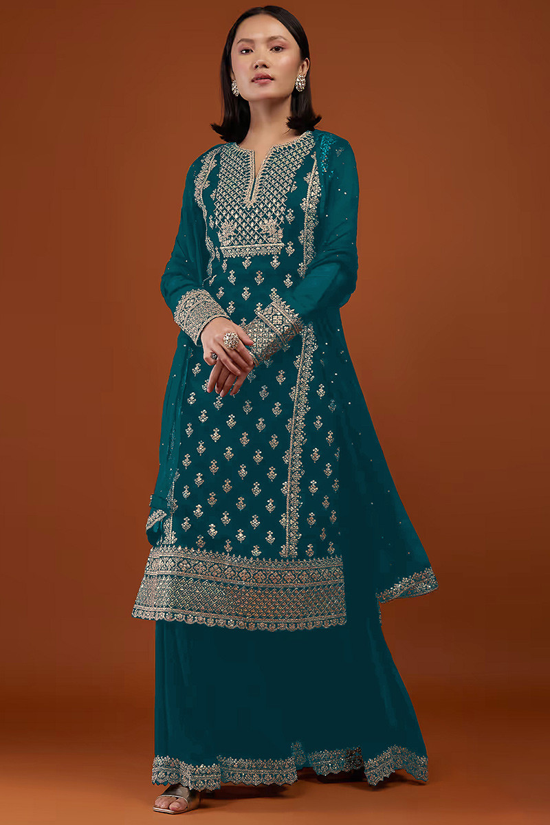 Trendy Fashion Palazzo Suit in Teal Blue Embroidered Fabric LSTV122468