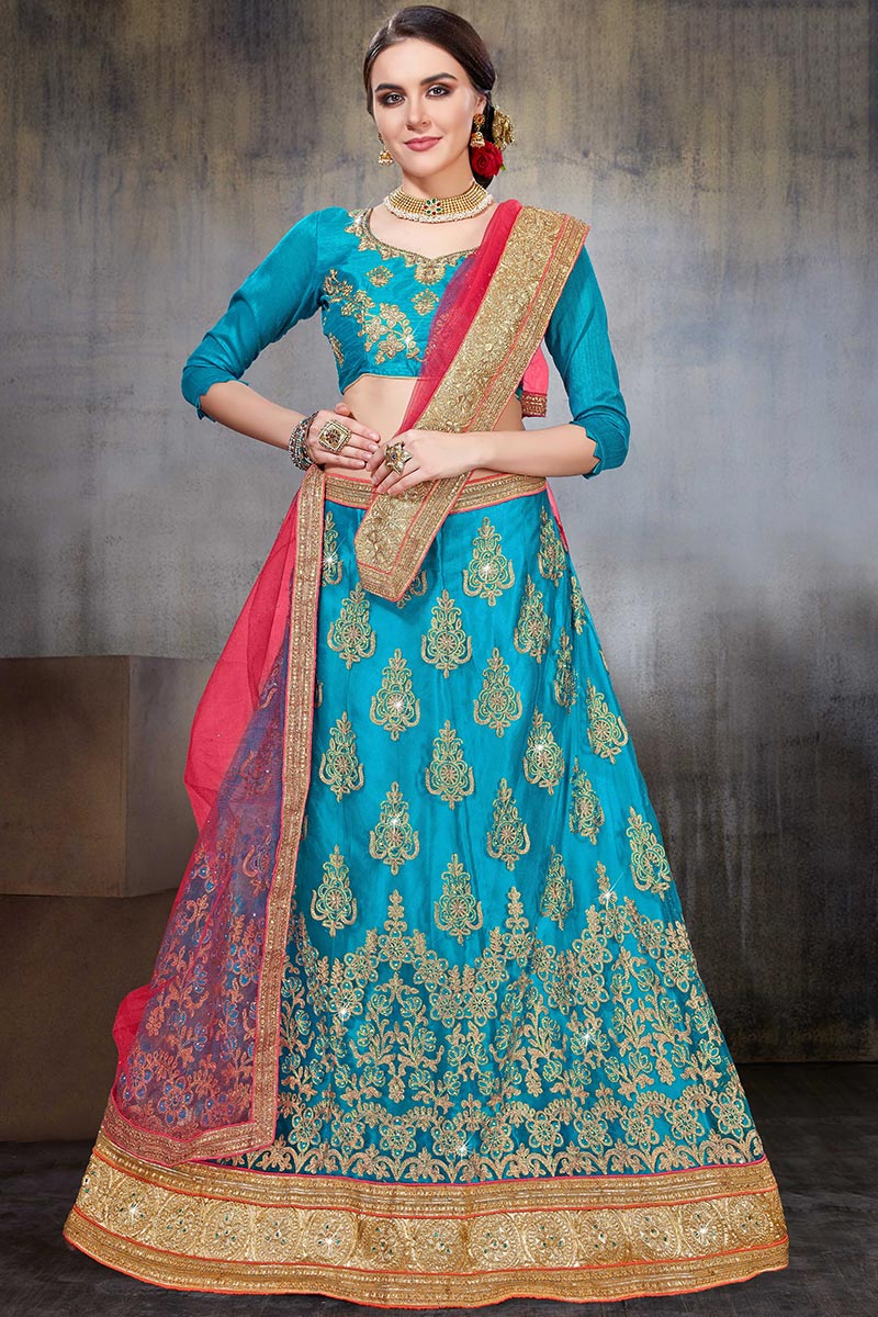 Dori Embroidered Net Sea Blue Lehenga