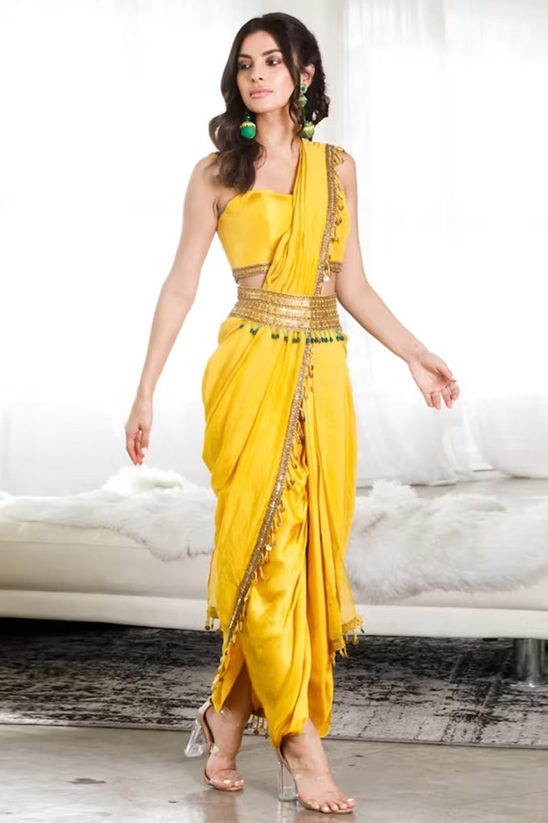 dori embroidered satin silk dhoti style yellow saree sarv145390 2