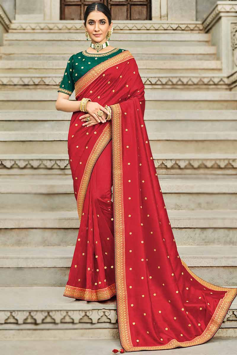 Buy Folk Design Blush Red Tussar Silk Saree Online