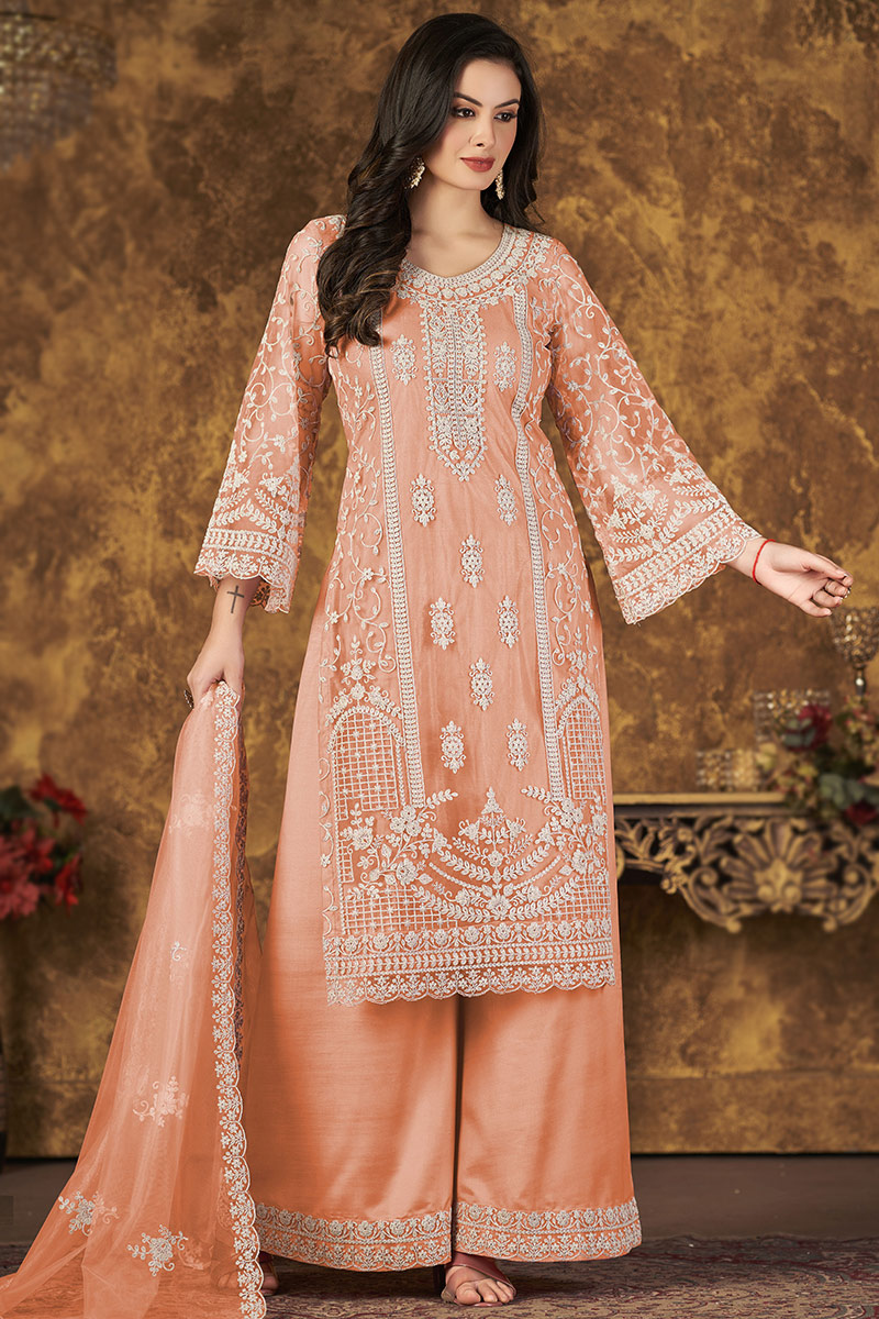 Dori Work Embroidered Net Salmon Peach Palazzo Suit