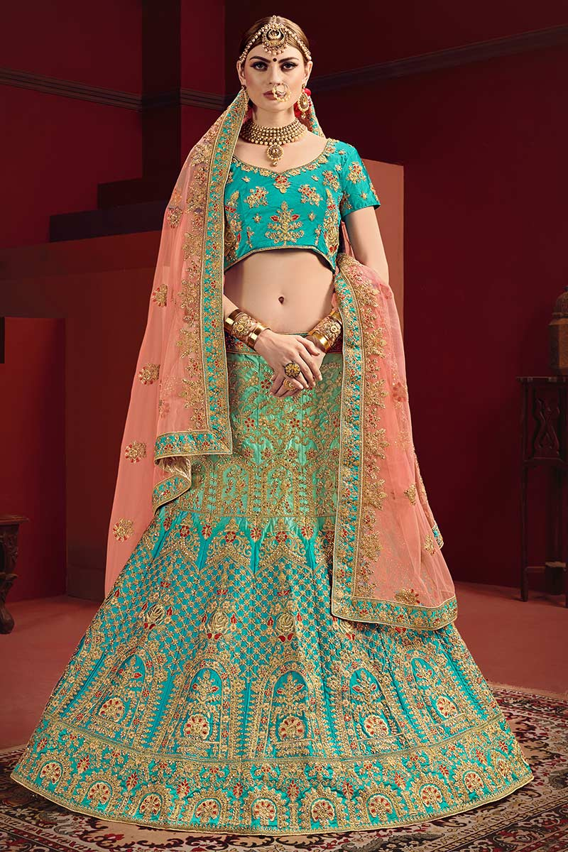 Dori Work Embroidered Satin Light Blue Lehenga