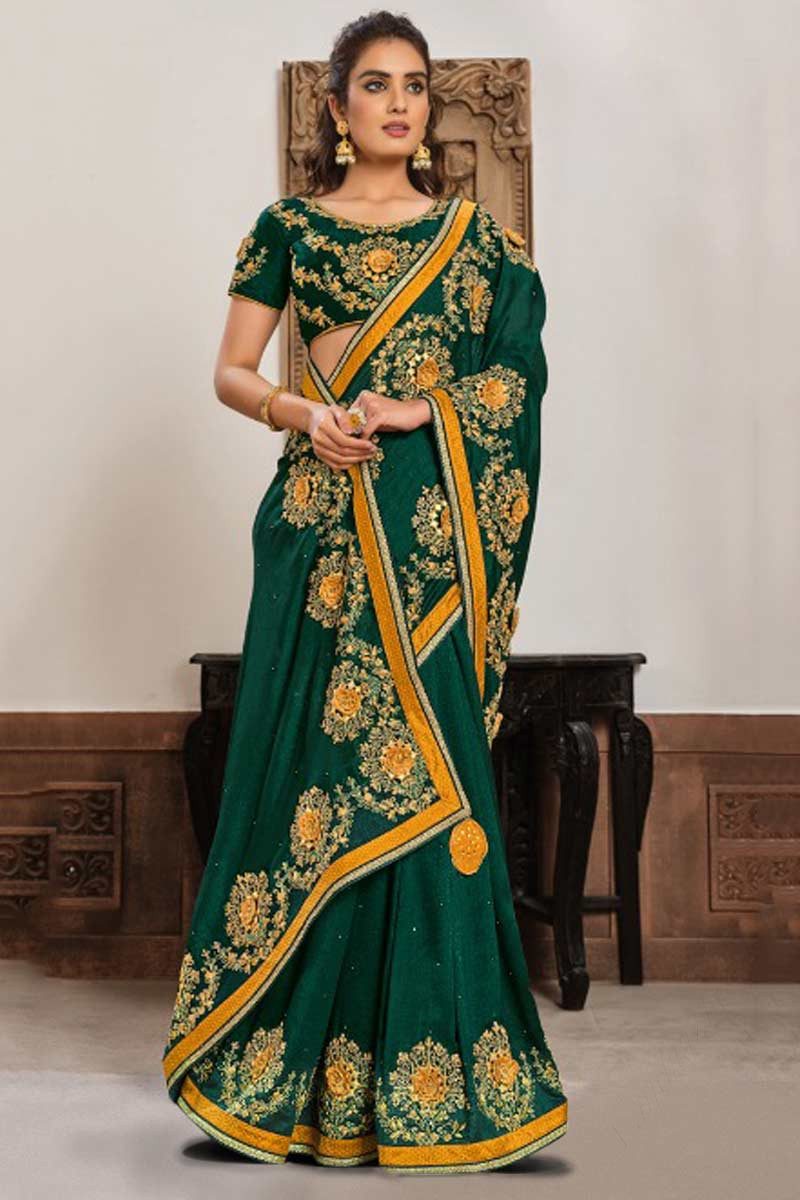 Dark green saree with zari work - G3-WSA54290 