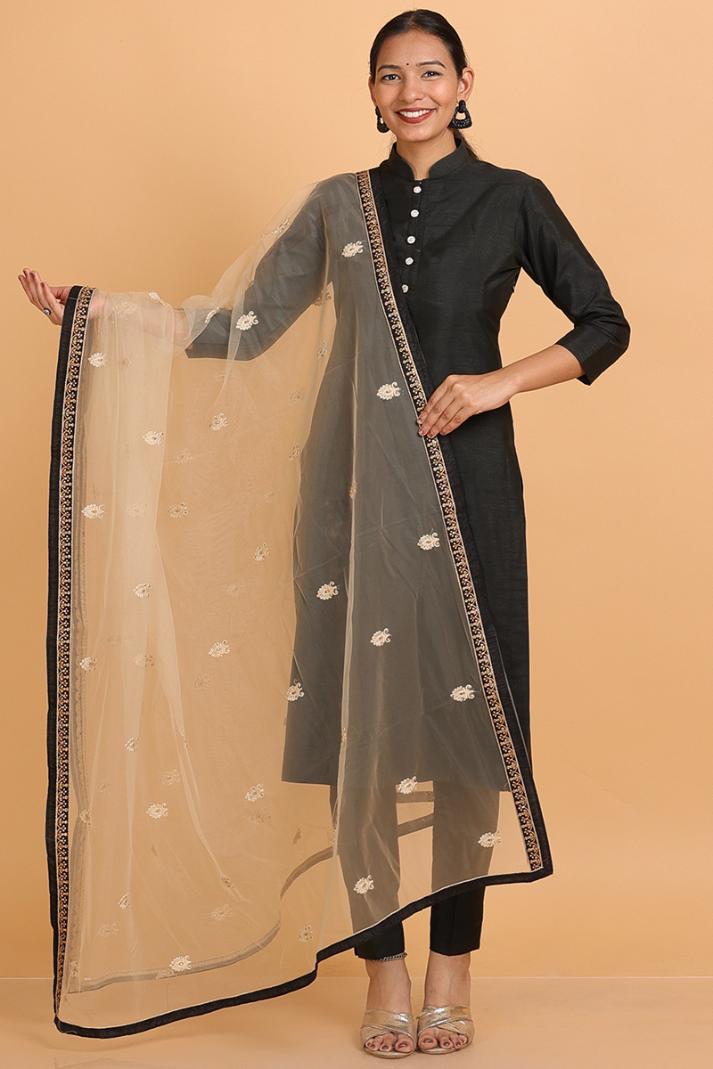 Light Beige Net Dupatta with Resham Thread, Lace, Stone