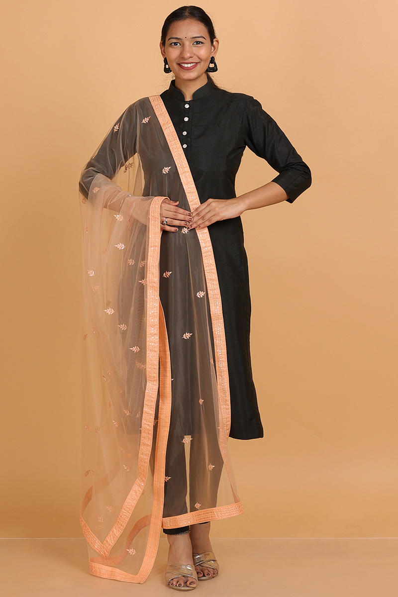 Light Peach Resham Embroidered Net Dupatta