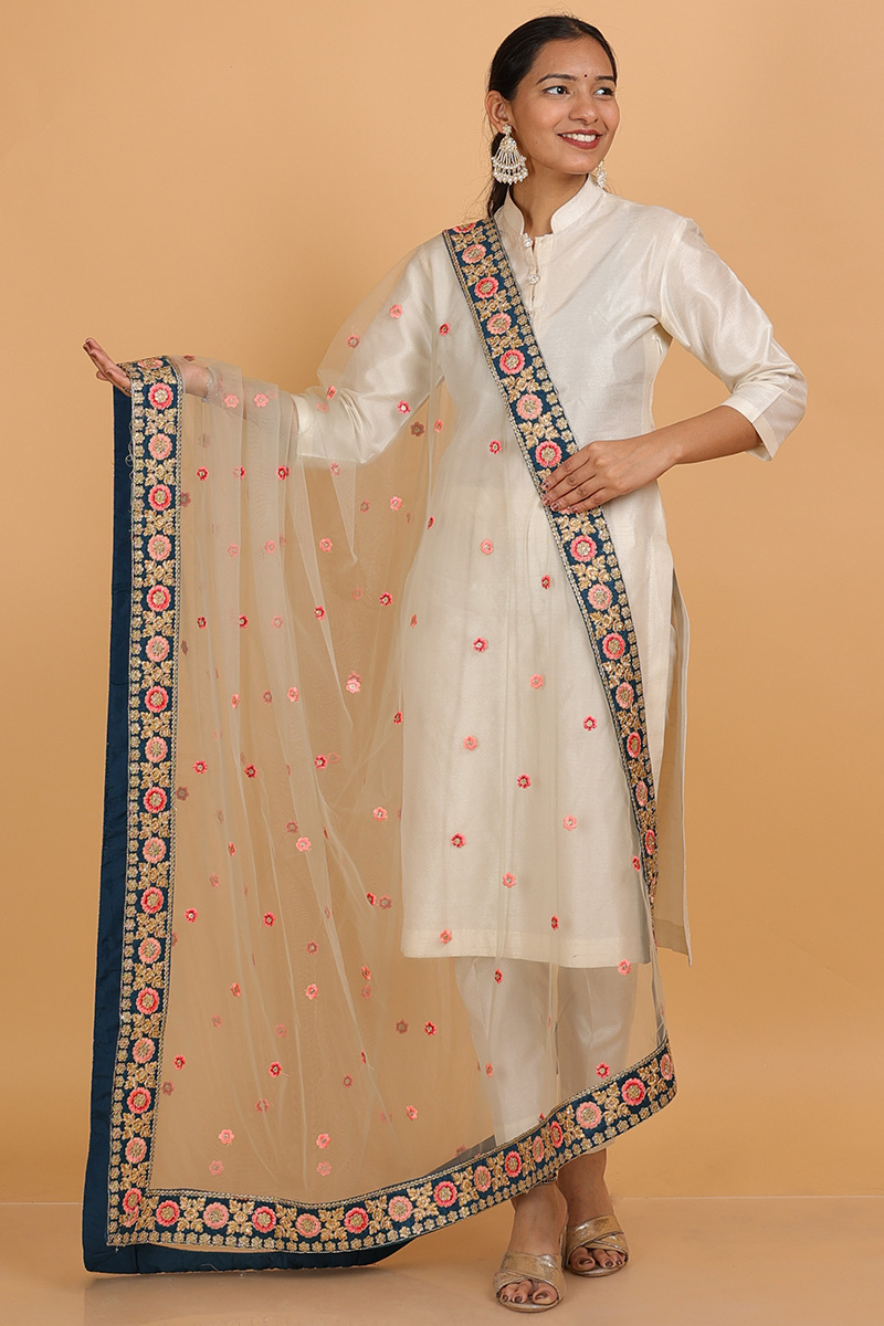 Light Brown Resham Embroidered Net Dupatta