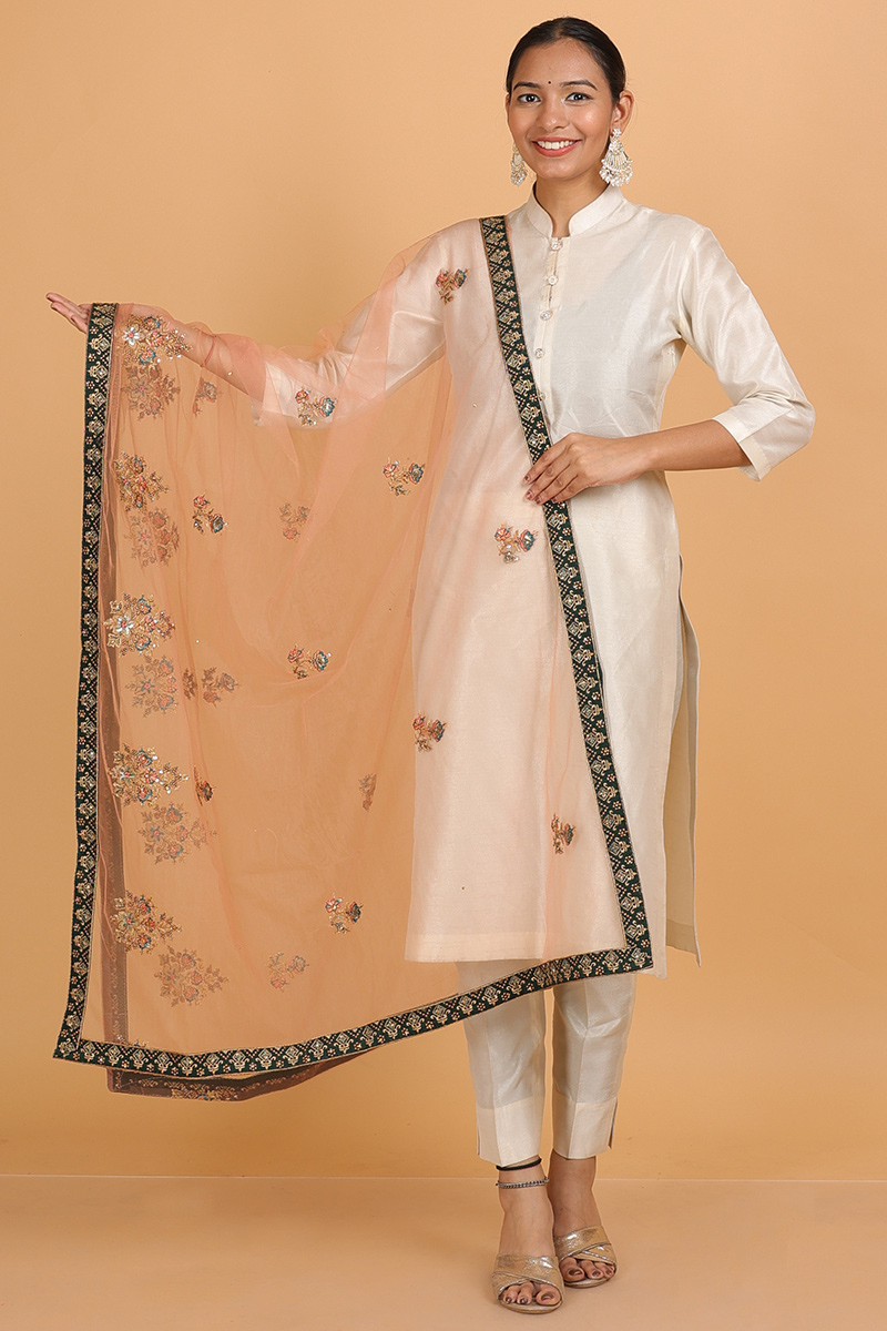 Salmon Peach Resham Embroidered Net Dupatta