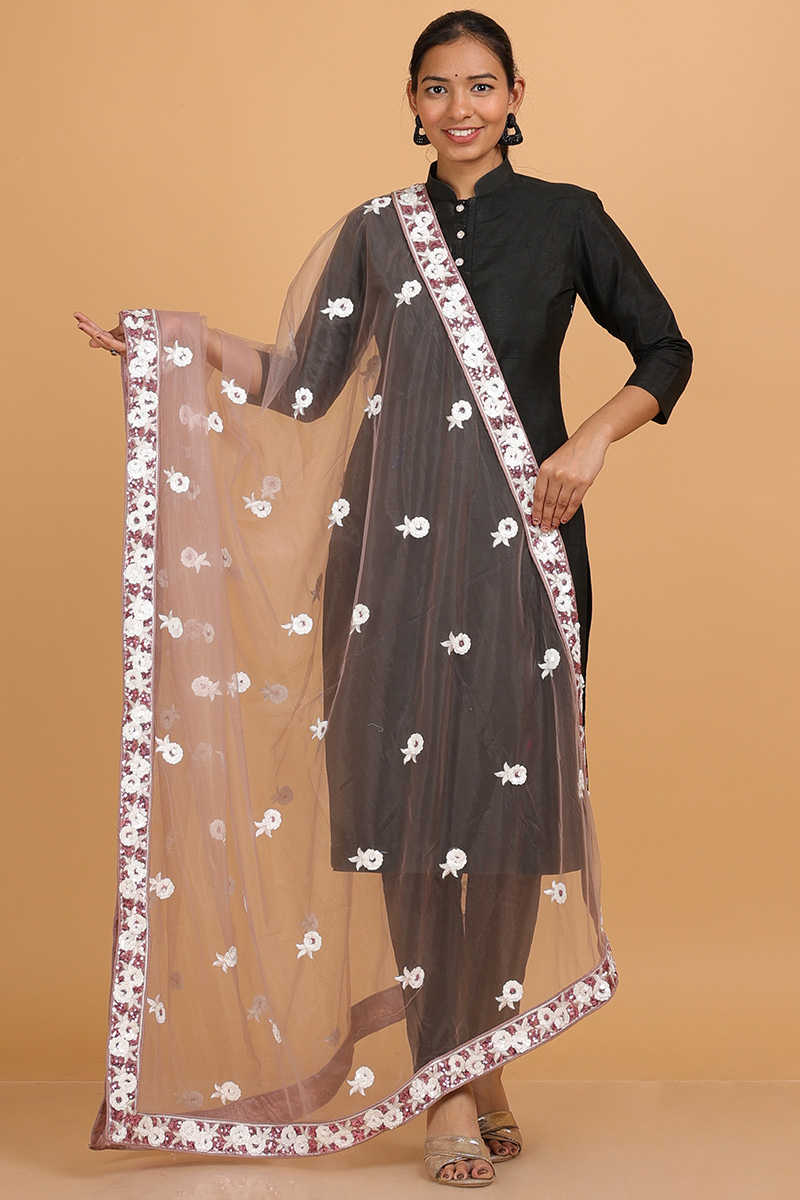 Dusty Pink Net Sequins Embroidered Dupatta 