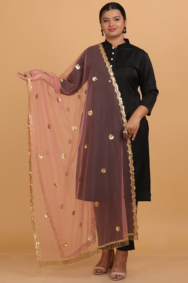 Coral Pink Net Sequins Embroidered Dupatta 