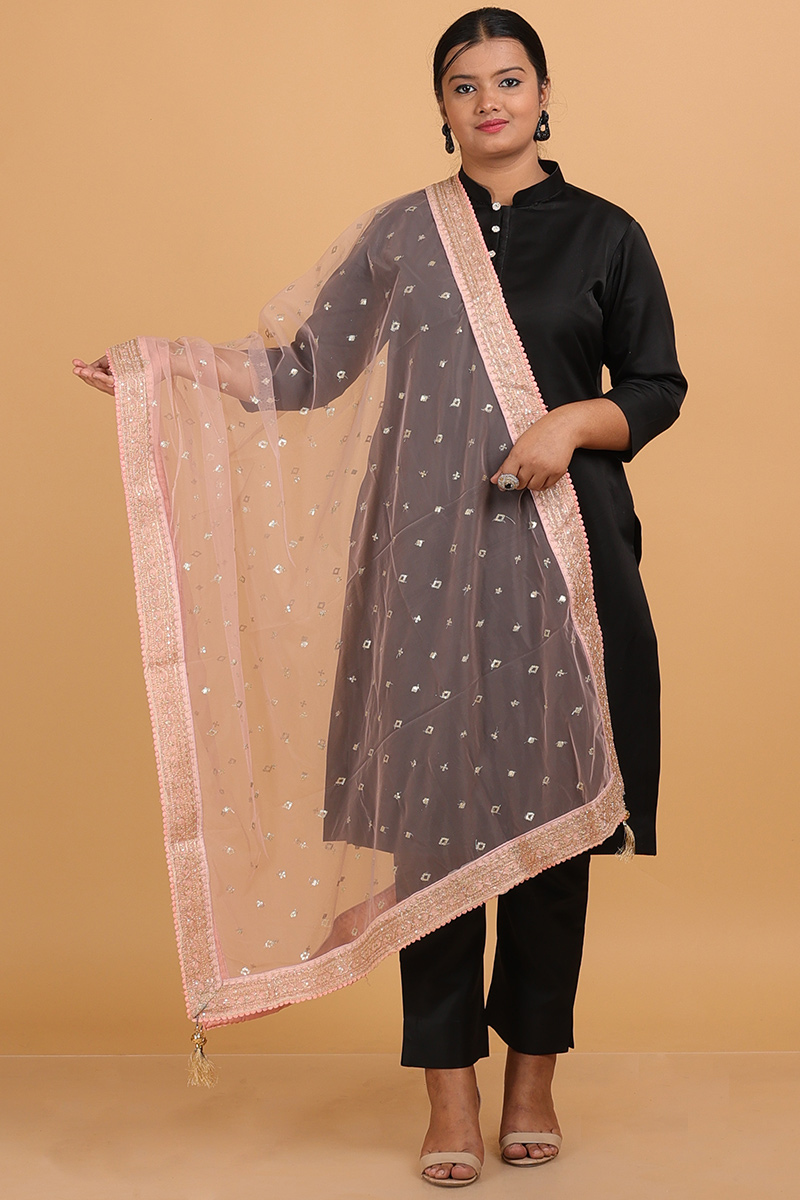 Net Dupatta in Light Pink with Lace, Zari & Sequin Detailing