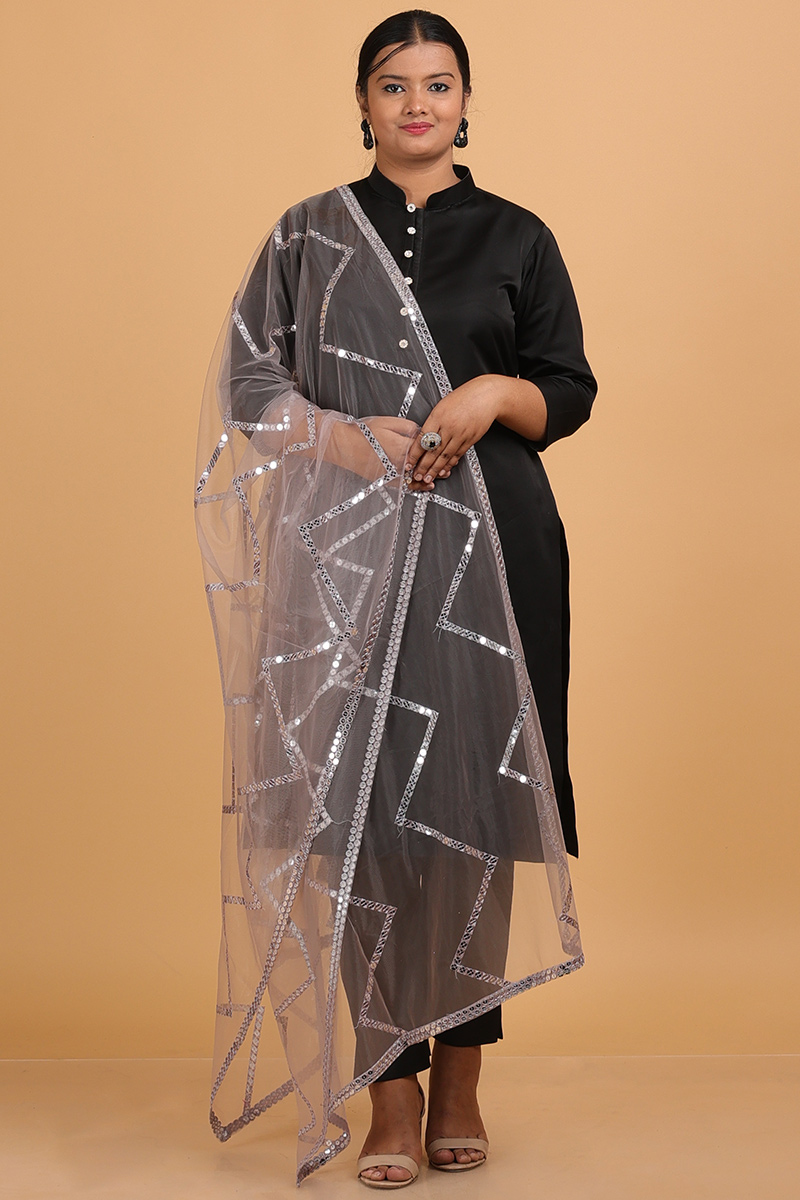 Light Pink Net Dupatta with Resham, Lace & Sequin Work