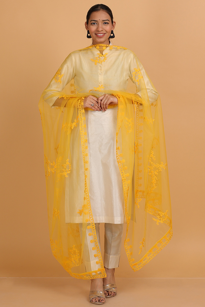 Resham Thread Embroidered Yellow Net Dupatta