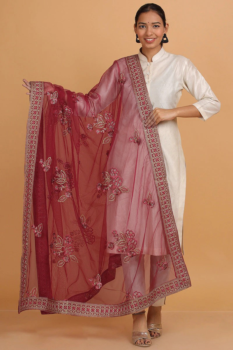 Deep Red Zari Embroidered Net Dupatta