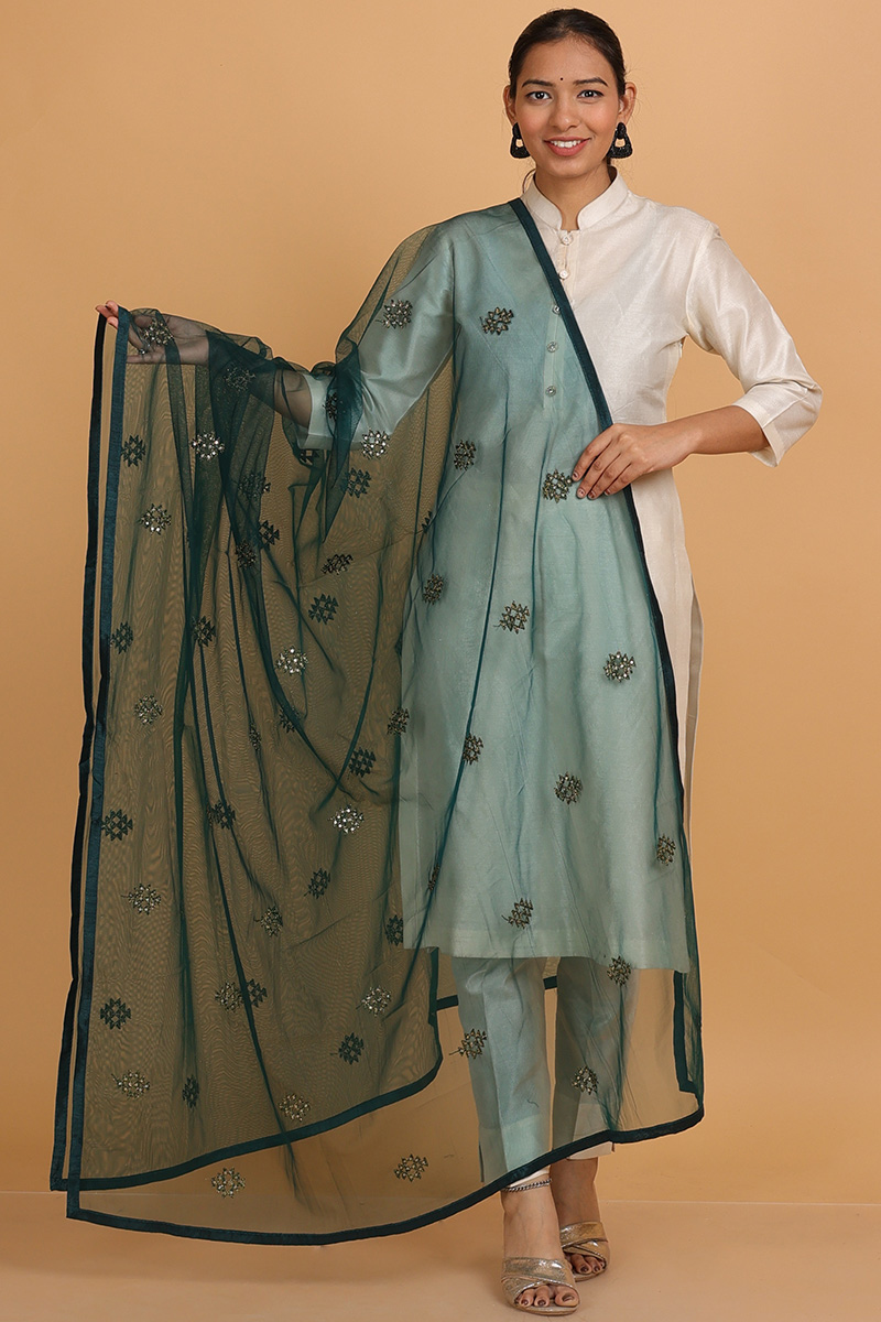 Sequined Embroidered Dupatta in Dark Green Net Fabric