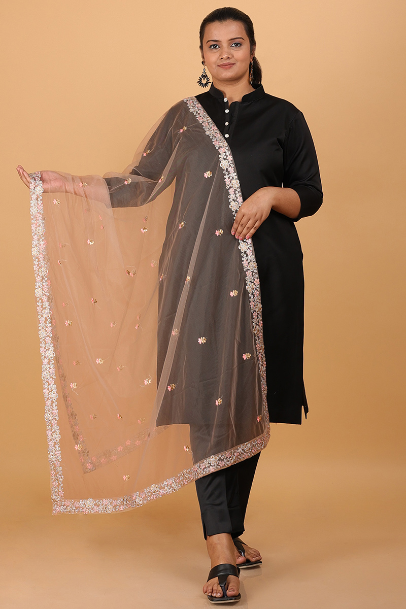 Light Peach Net Zari Embroidered Dupatta 