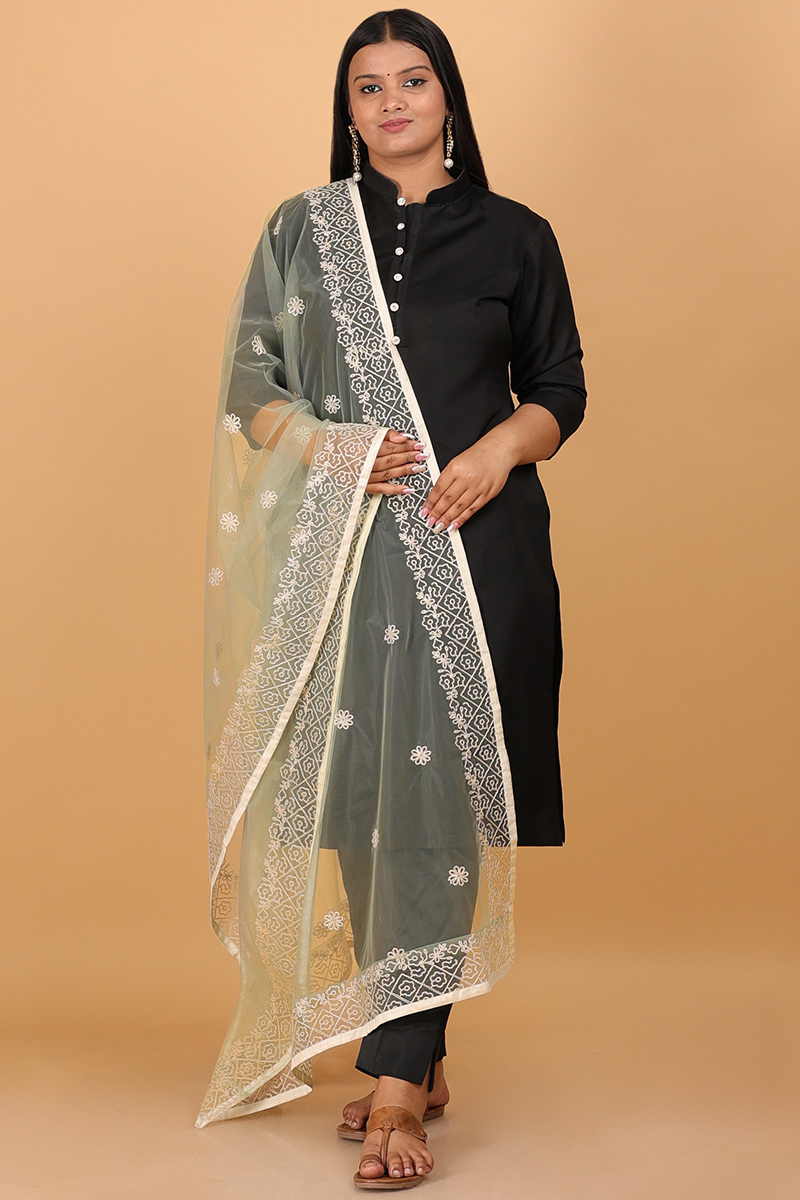 Light Green Net Dupatta With Resham Embroidered