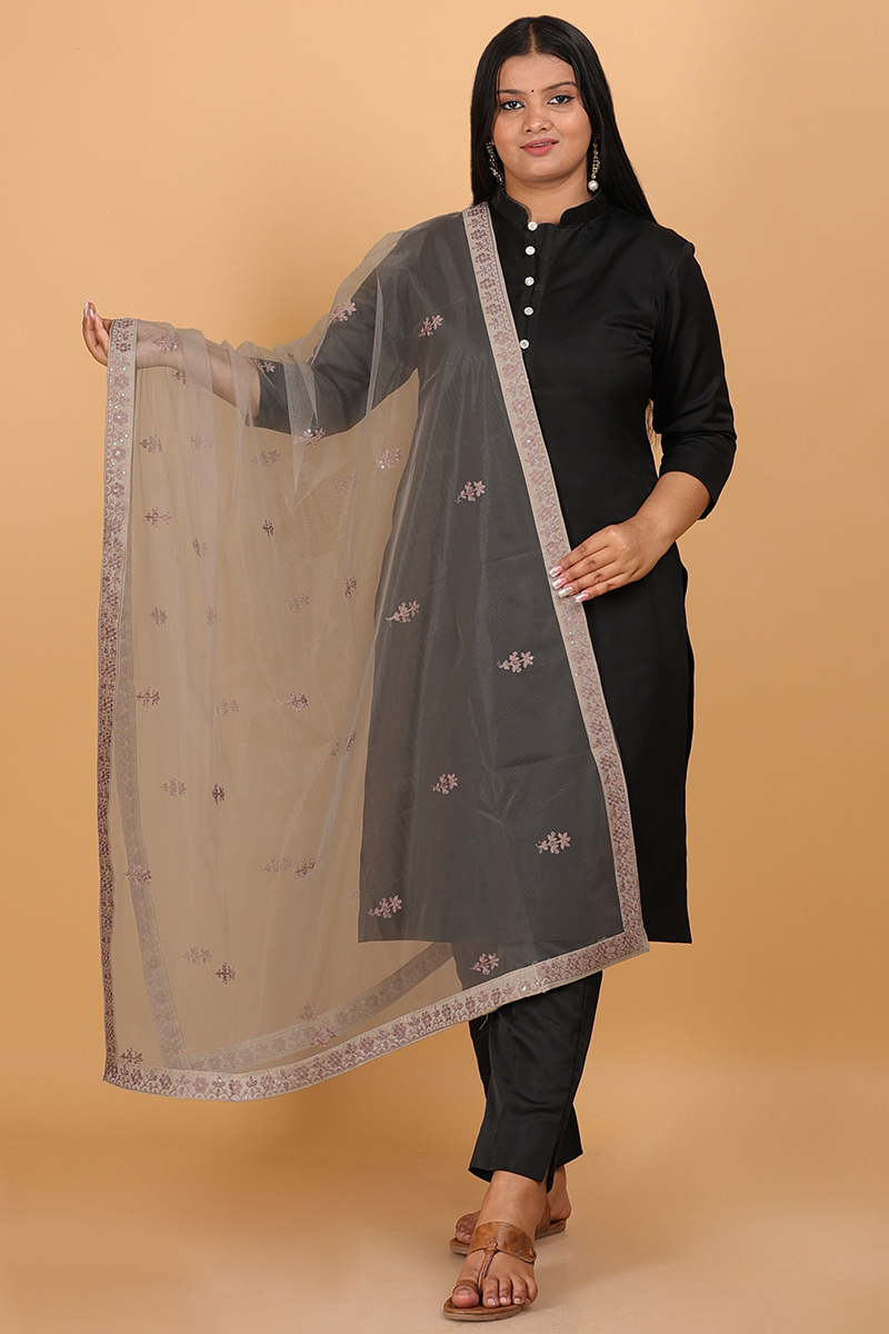 Grey Beige Embroidered Net Dupatta With Lace