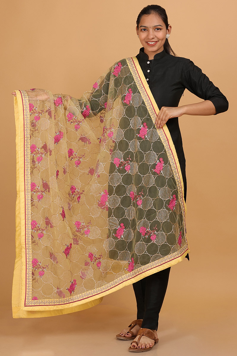 Light Yellow Resham Embroidered Net Dupatta