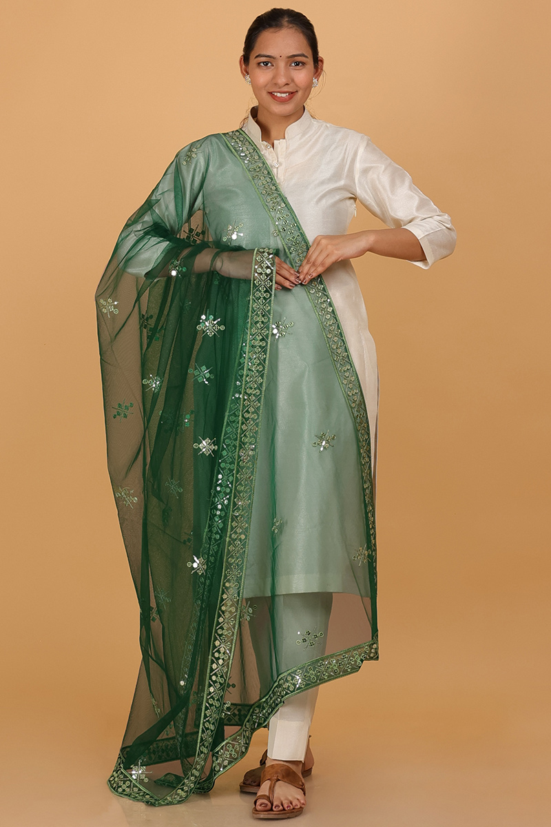 Dark Green Net Resham And Sequins Embroidered Dupatta 