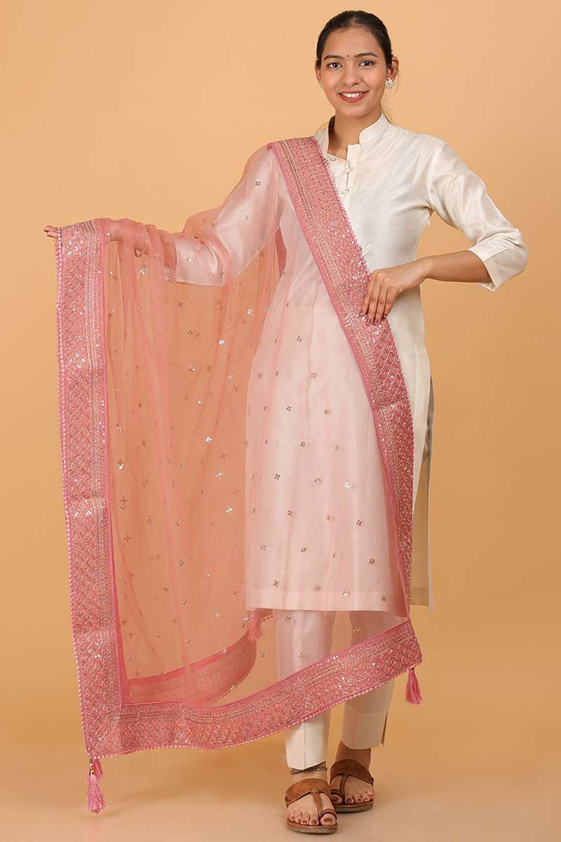 Pink Cotton Dress Material with Floral and Lace Borders on Dupatta