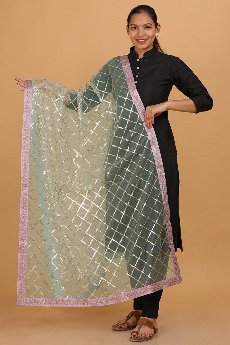 Light Pink Net Sequins Embroidered Lace Dupatta 