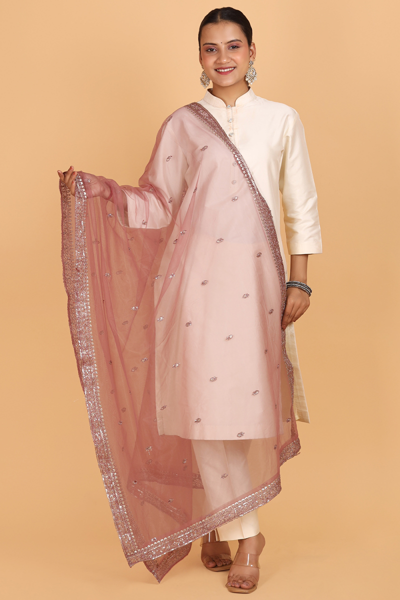  Dusty Pink Net Sequins Embroidered Dupatta