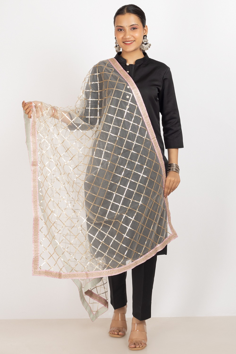 Off-White Sequins Embroidered Lace Dupatta In Net 