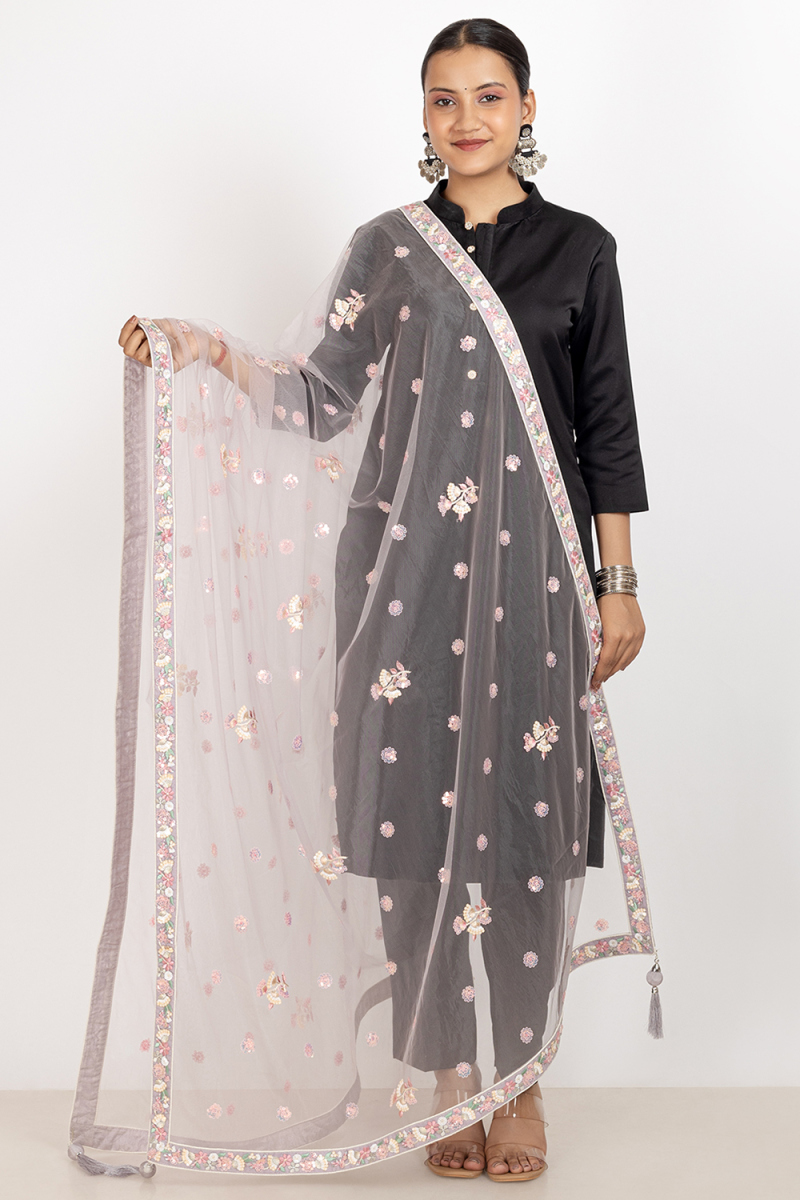 Light Purple Net Sequins Embroidered Dupatta