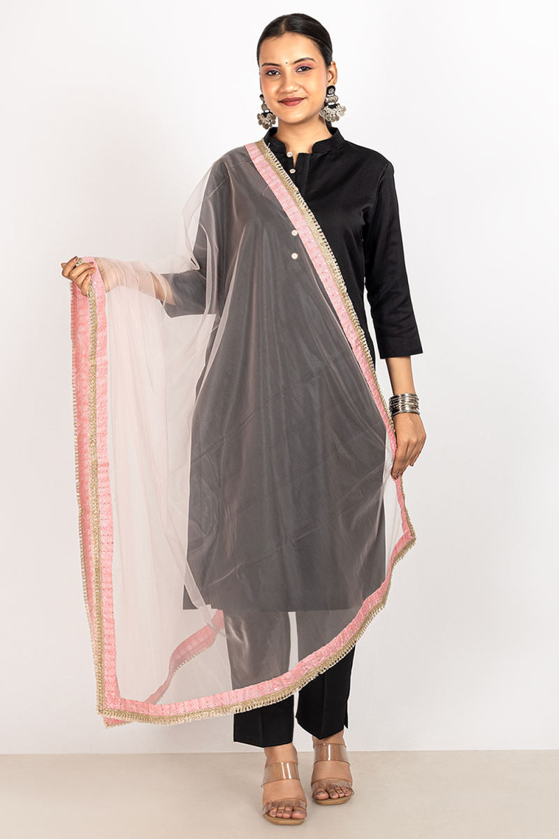 Pastel Pink Net Lace Work Dupatta